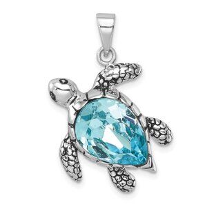 925 Sterling Silver Rh-plated Antiqued Blue Crystal Turtle Necklace Charm Pendan
